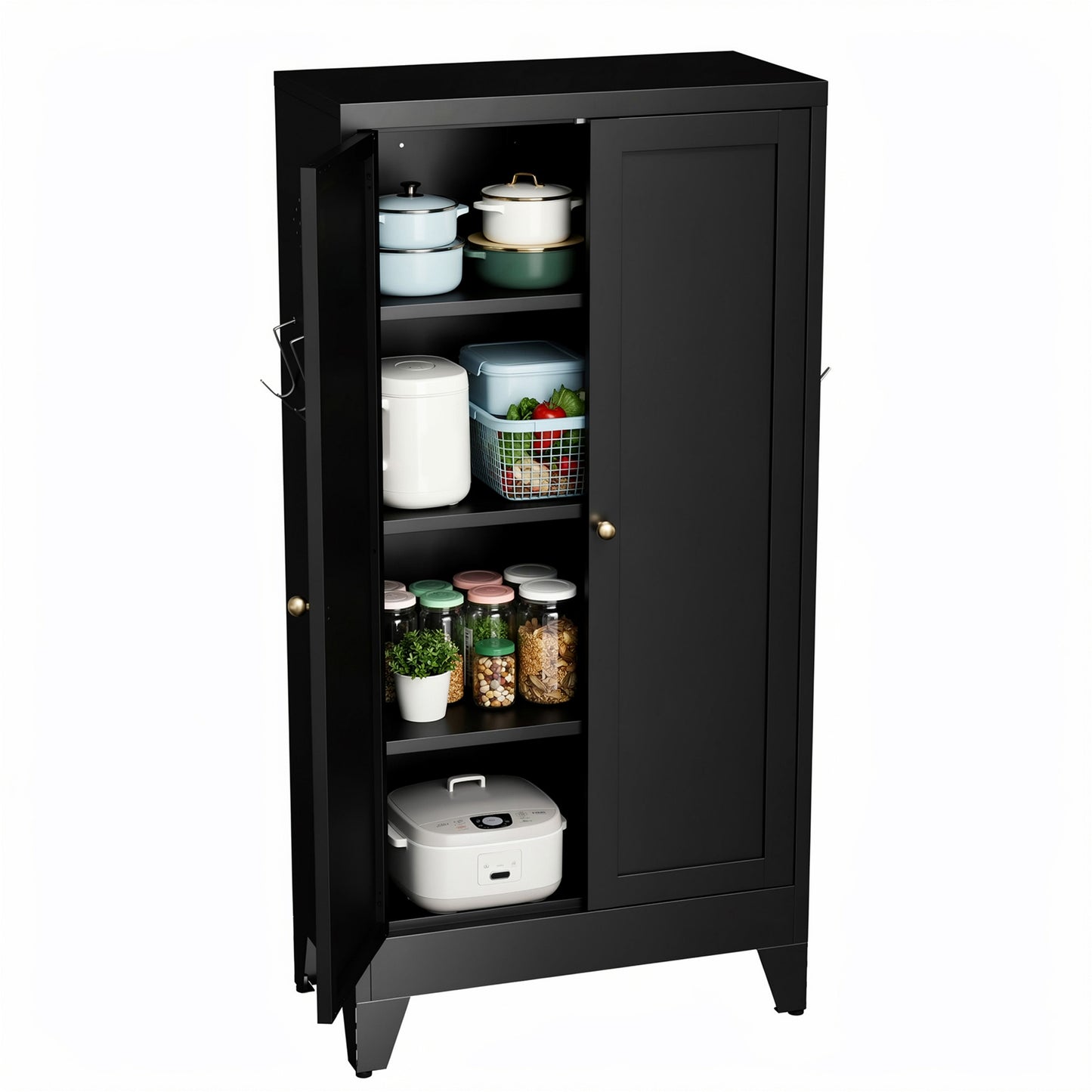 VIYET 47" Black Metal Pantry Cabinet with Adjustable Shelves, Freestanding Kitchen Storage Cabinet with Doors for Pantry, Bathroom & Living Room