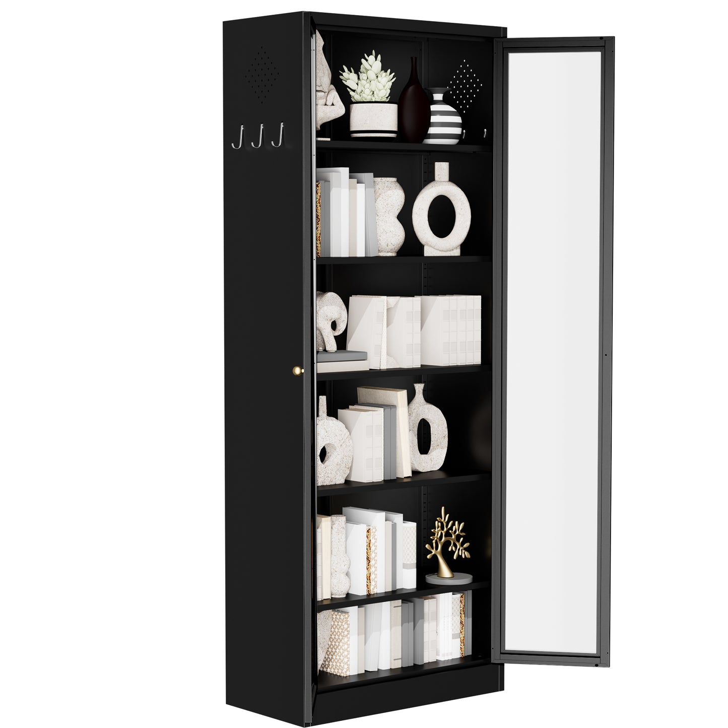VIYET Metal Pantry Cabinet, 72" Tall Kitchen Storage Cabinet with Glass Doors and 5 Adjustable Shelves, Freestanding Steel Utility Cabinet for Kitchen, Bathroom, Pantry, Black