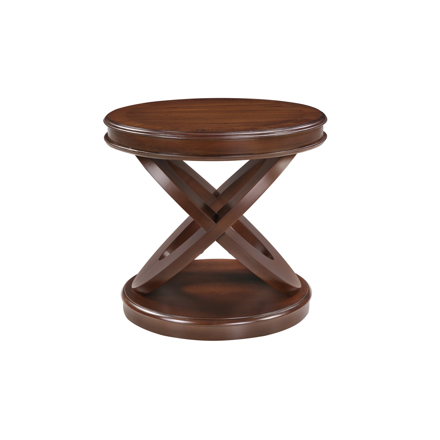 VIYET 20" Retro Round Wooden End Table - X-Shape Base, Solid Wood Veneer, Walnut
