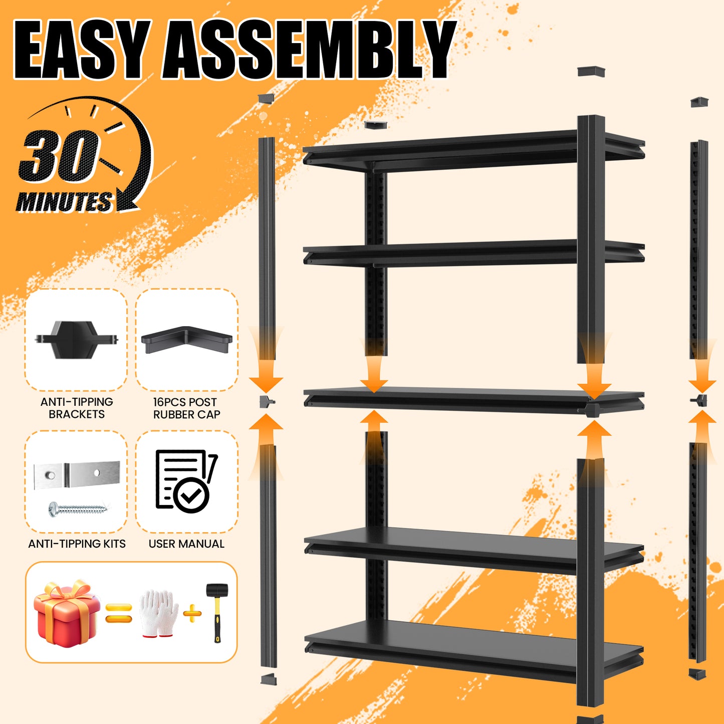 VIYET 5-Tier Heavy Duty Storage Shelves, 1500LBS Adjustable Metal Garage Shelving Unit, Narrow Utility Rack