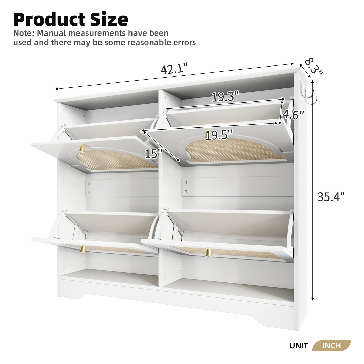 VIYET 35" Mid-Century Narrow Shoe Cabinet, MDF Organizer w/ 4 Rattan Flip Drawers &2 Silver Hooks,Black+white