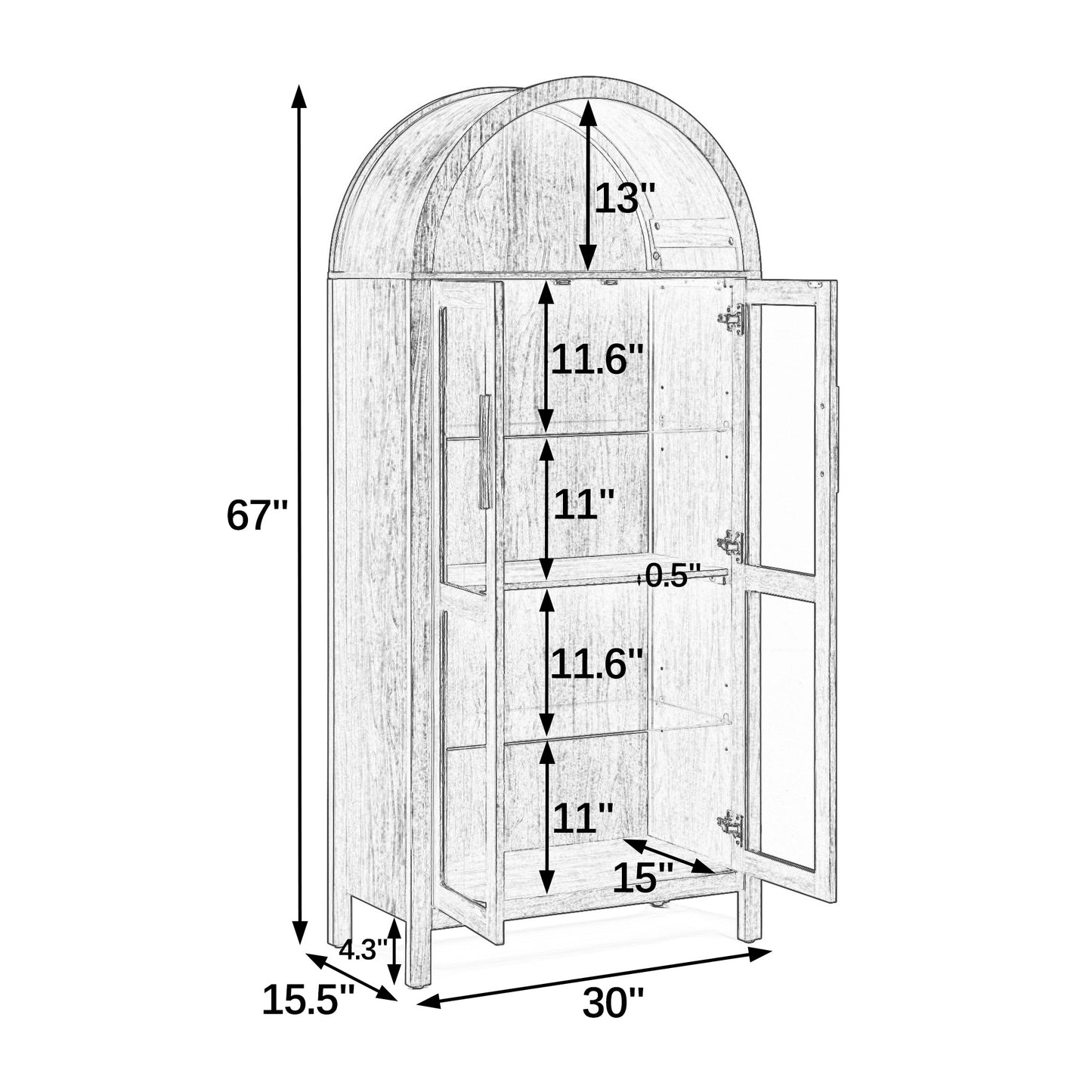 VIYET 67" Arched Storage Cabinet - LED Lamp, Brown MDF, Adjustable Glass Partitions