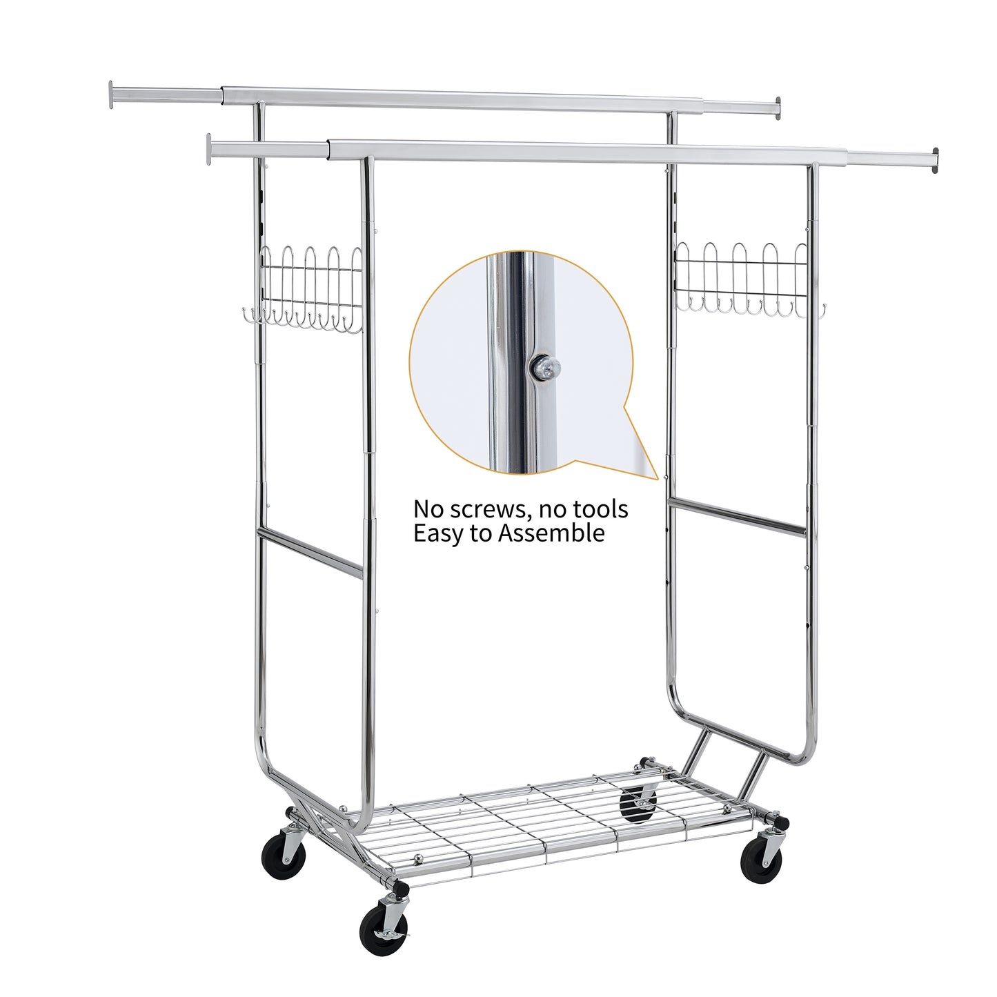 VIYET 68" 800LBS Double Garment Rack with Shelves, Heavy-Duty Iron Rolling Clothes Rack (Collapsible Commercial Portable Hanger)