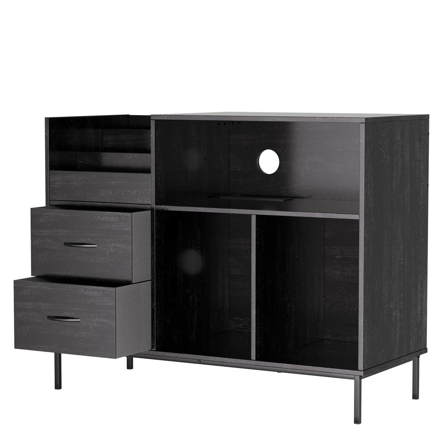 VIYET Record Player Stand with Power Outlet, Vinyl Record Storage Cabinet with Flip Top, Drawers & Dustproof Doors, Black