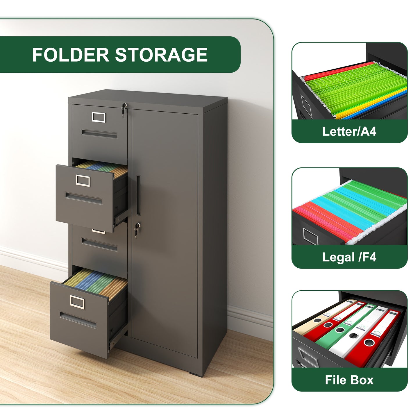 VIYET Black Metal Vertical Filing Cabinet with Lock, 4 Drawers & 1 Door Steel Storage Locker for Office Home School Bedroom