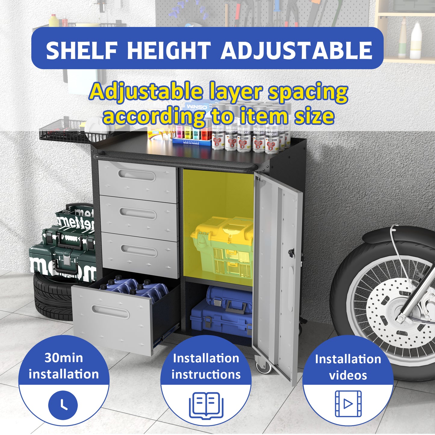 VIYET 35"H Heavy-Duty Mobile Steel Tool Cabinet, Categorized Drawers, Lockable Adjustable Shelf, 360° Casters, Black+Gray, Garage/Home/Office/Workshop