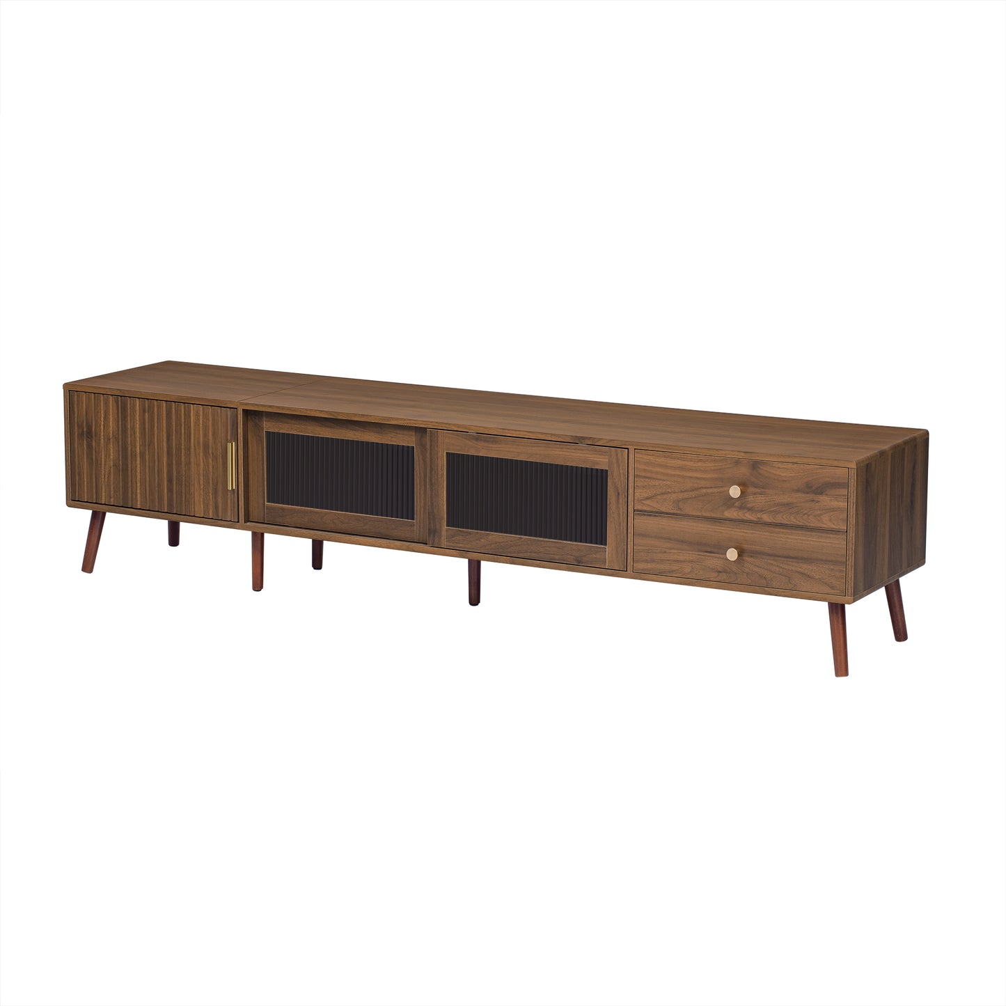 VIYET 77"Modern Minimal TV Stand, Wood-Grain Glass-Door Media Console (for TVs up to 85"), Solid Wood+MDF Storage Cabinet