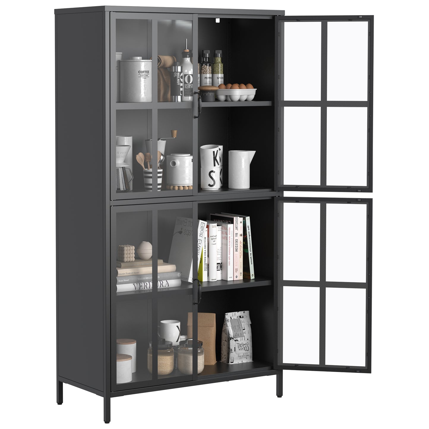 VIYET 63"H Premium Black Metal Storage Cabinet, Tempered Glass Doors + Adjustable Shelves, Anti-Tipping & Magnetic Silent Closure for Home/Office