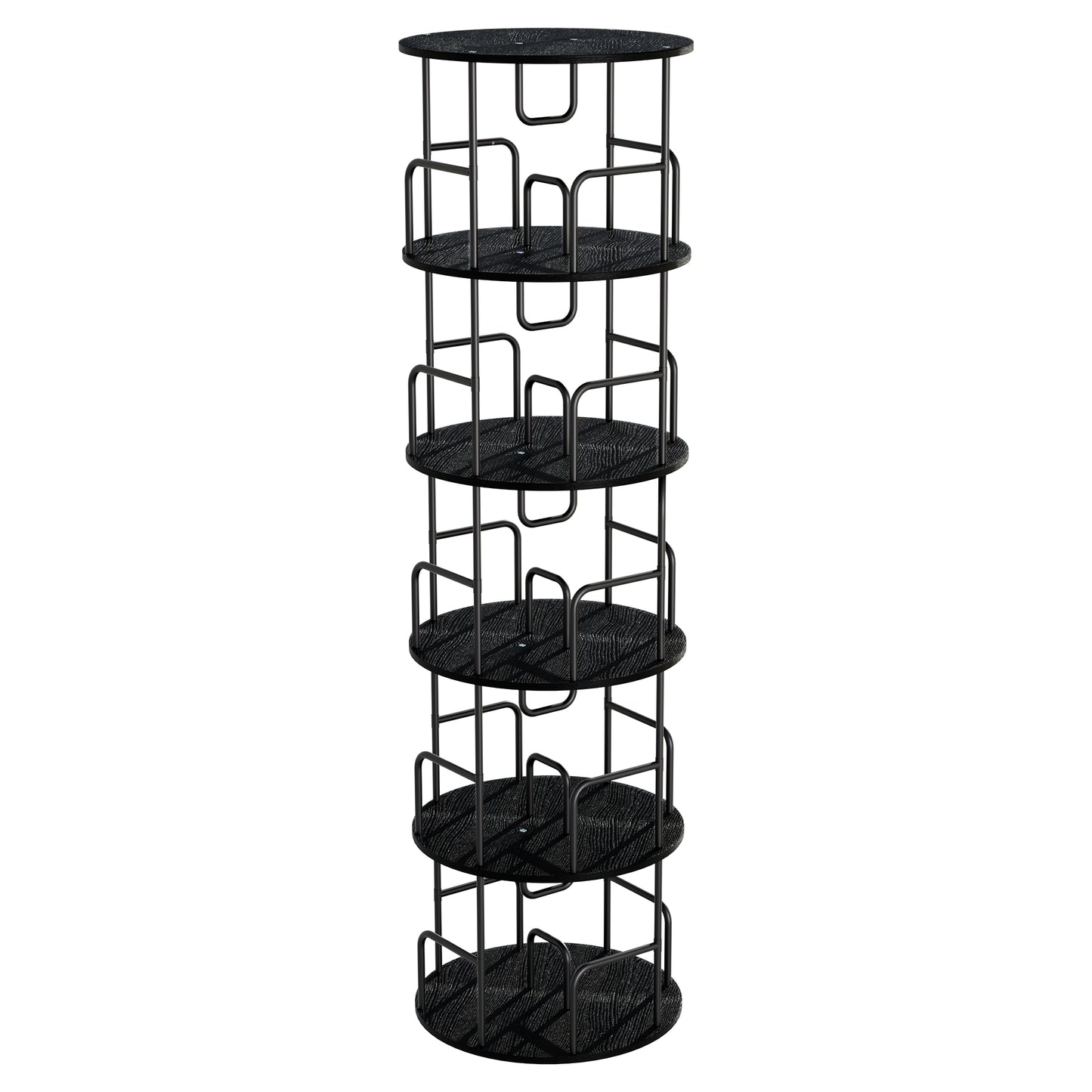 VIYET 62" 5-Tier 360° Rotating Bookshelf Tower, Black MDF+Iron Narrow Tall Spinning Bookcase (Space-Saving Storage Organizer)