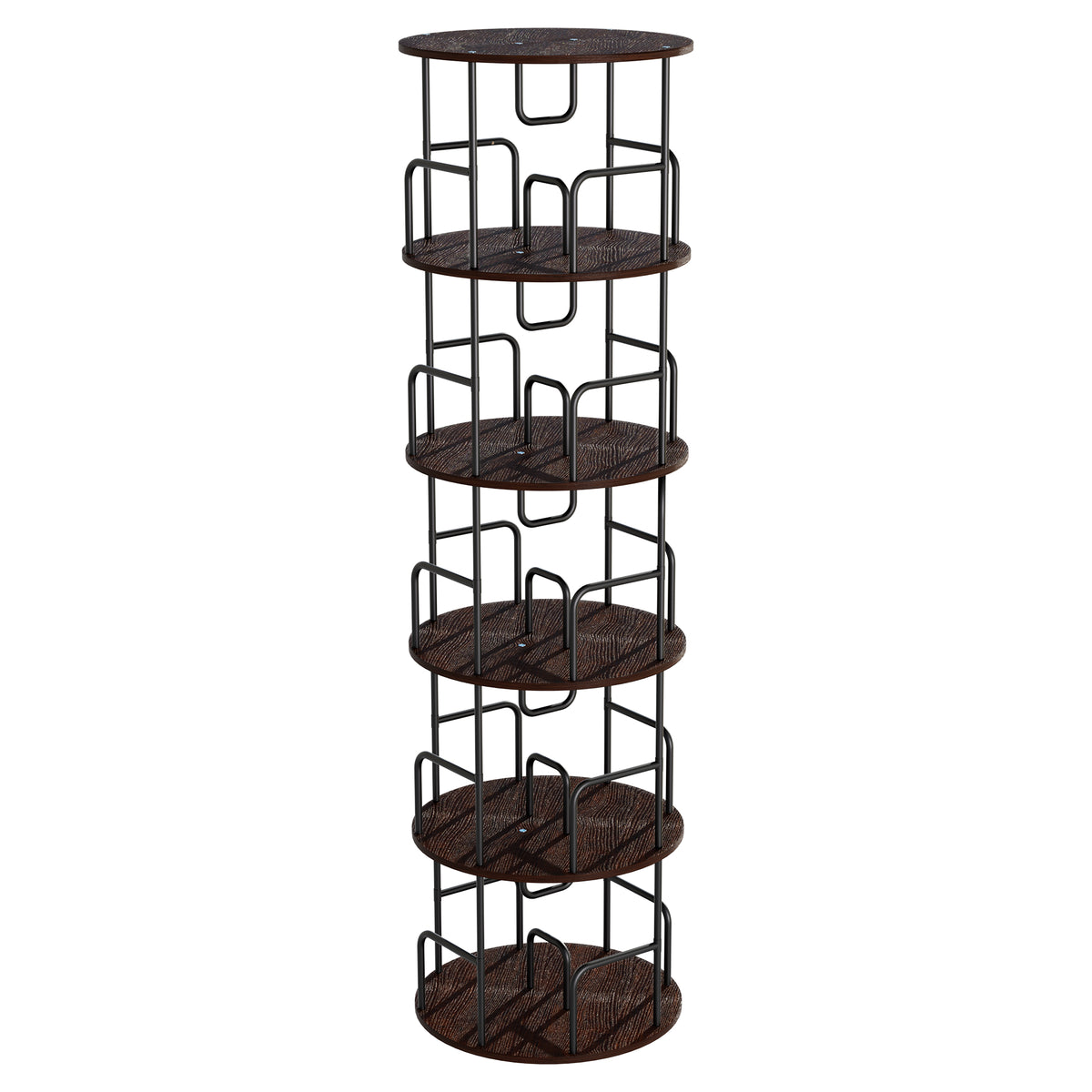VIYET 62" 5-Tier 360° Rotating Bookshelf Tower, Walnut Brown MDF+Iron Narrow Tall Spinning Bookcase (Space-Saving Storage Organizer)