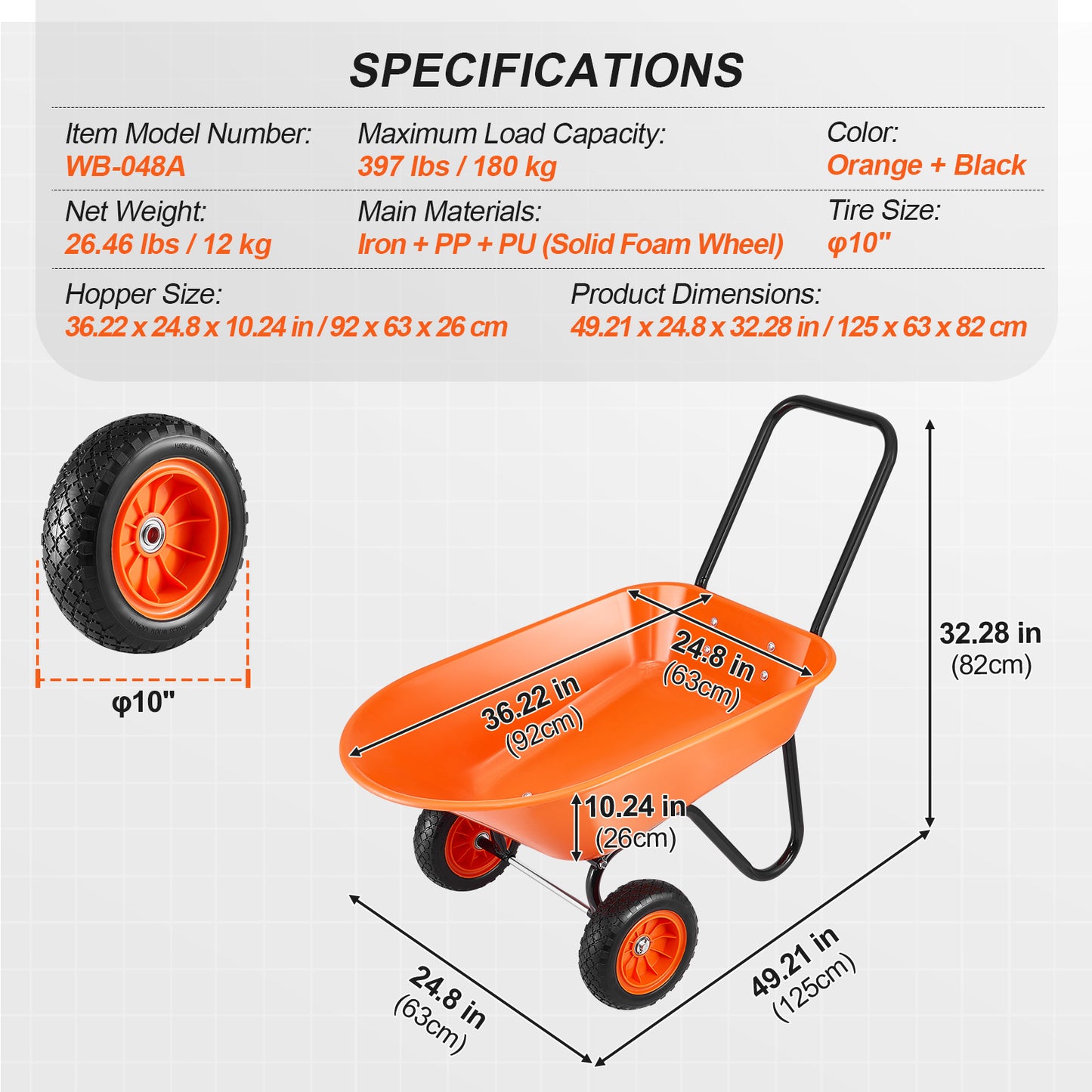 VIYET 2-Wheel Wheelbarrow Cart 5 Cu. Ft. 397 Lbs Capacity, Heavy-Duty Garden Dump Cart with 10" Solid Foam Wheels & Padded Handle for Lawn Farm Outdoor