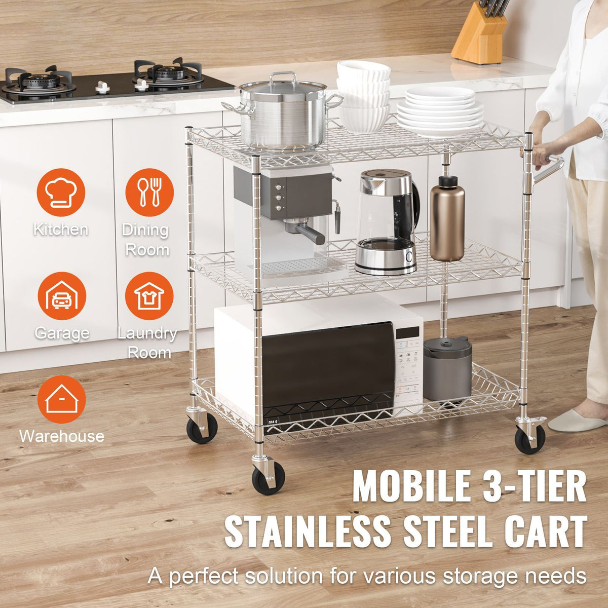 Kitchen Utility Cart, 3 Tiers, Wire Rolling Cart with 661LBS Capacity, Steel Service Cart on Wheels, Metal Storage Troll