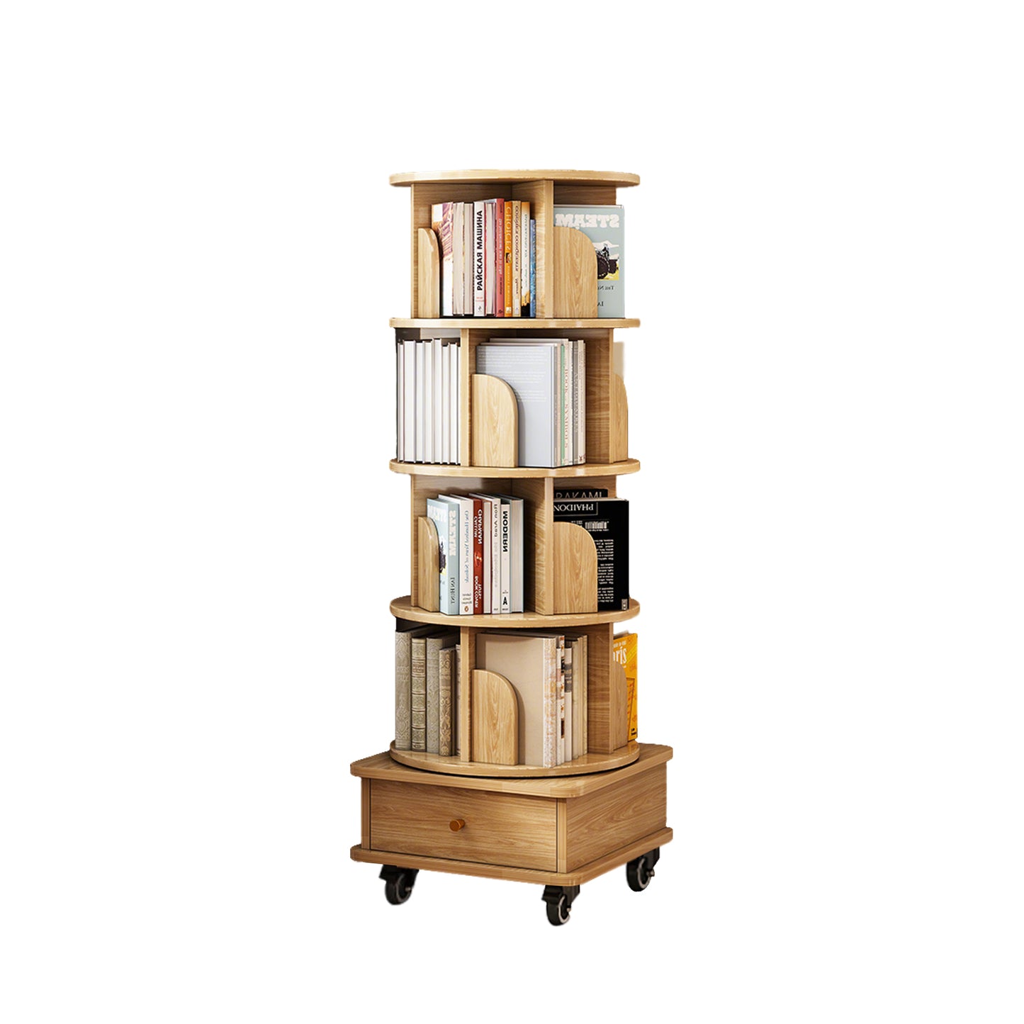 VIYET 56" 5-Tier 360° Rotating Bookshelf, Oak MDF Tower w/ Wheels & Drawer (Space-Saving Storage for Home/Office)