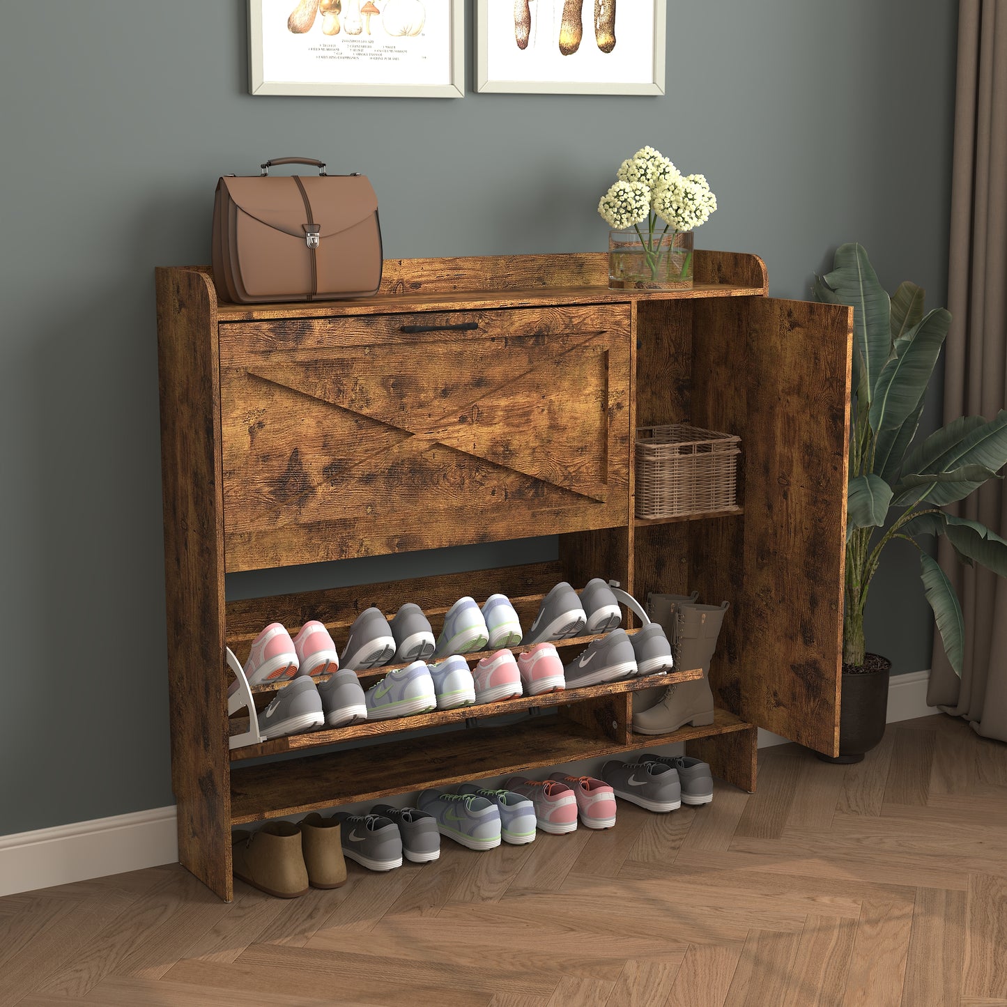 VIYET 41" Rustic Brown Freestanding Shoe Cabinet - MDF, 2 Flip Drawers & Mirror Doors, Narrow Entryway Storage, Customizable