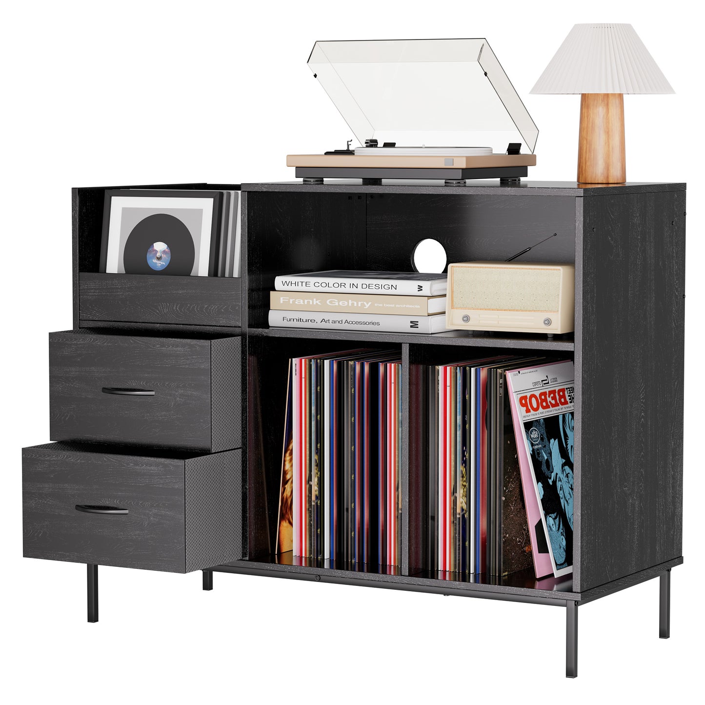 VIYET 35" Eco-Friendly Record Player Stand with Flip-Top, Black MDF+Metal Media Console w/ 2-Outlet Power Strip & Dustproof Storage
