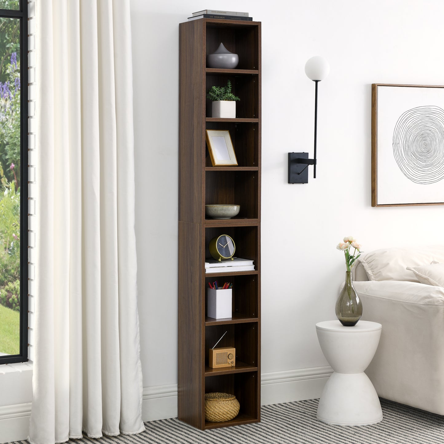 VIYET 11.6"×9.3"×70.9" 8-Tier Media Tower Rack - Walnut MDF, Adjustable Shelves