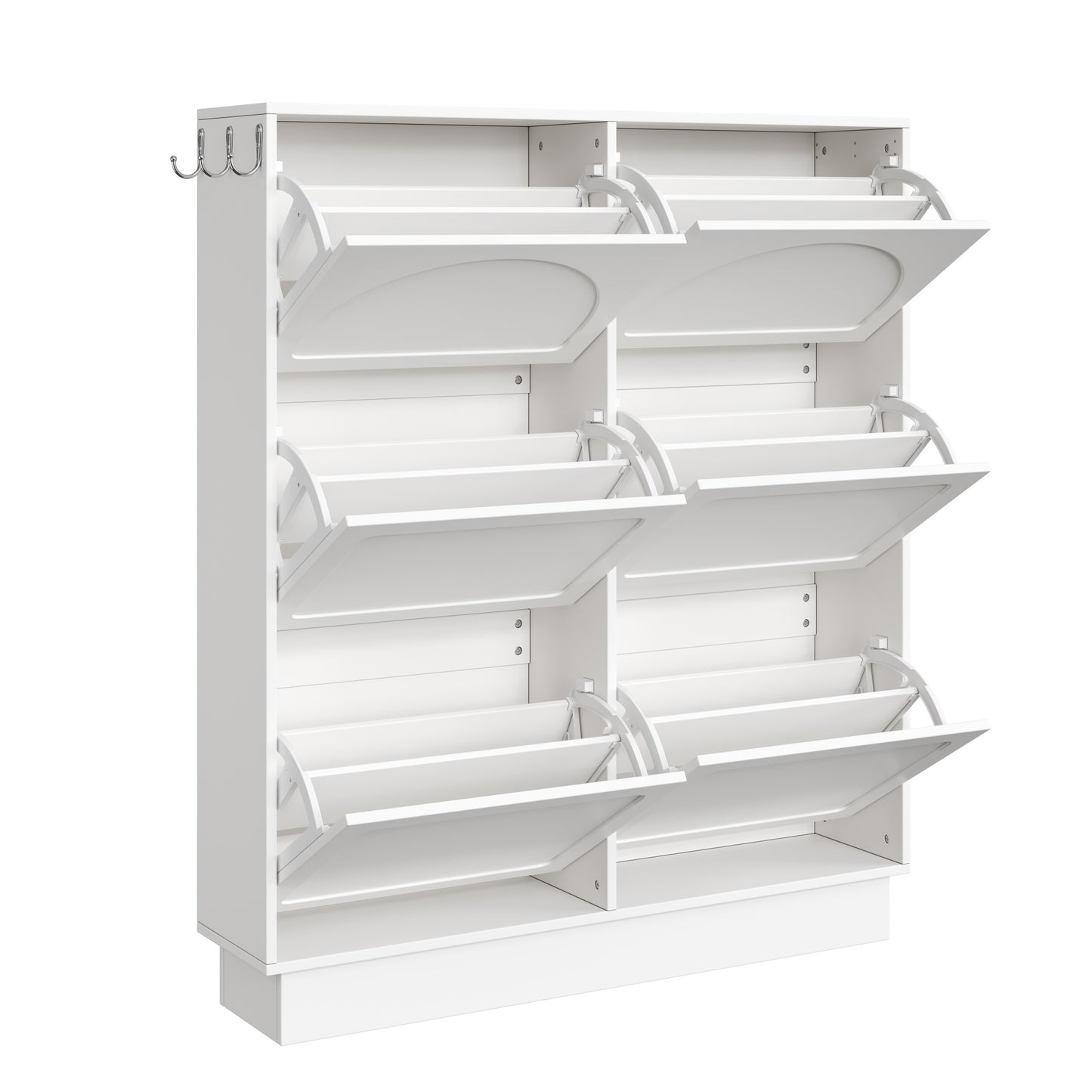VIYET 49" Cream-Style Narrow Shoe Cabinet, White MDF Organizer w/ 6 Flip Drawers & 3 Silver Hooks (Adjustable Shelves)