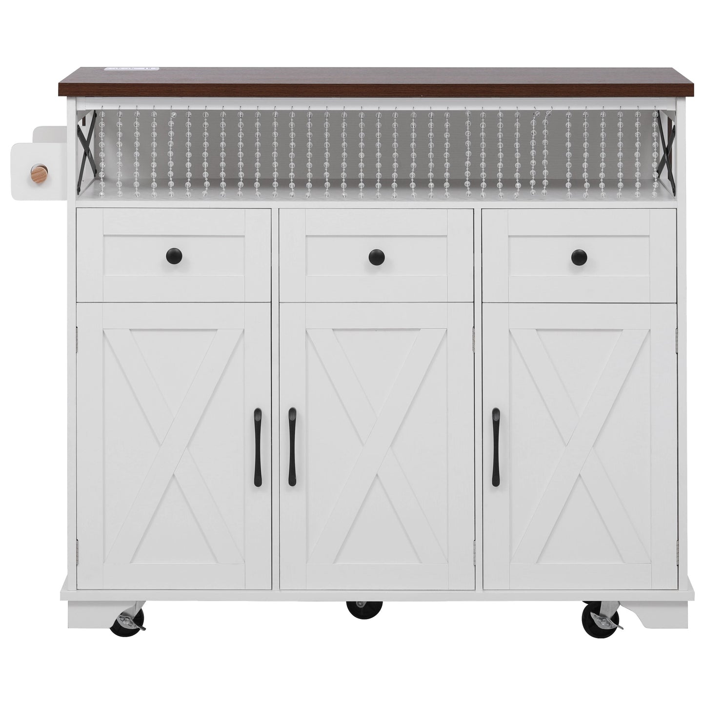 VIYET 39" K&K Farmhouse Rolling Kitchen Island, White MDF Cart w/ Bead Drape, Power Outlet & Drop Leaf (3 Doors+3 Drawers+Internal Iron Shelf)