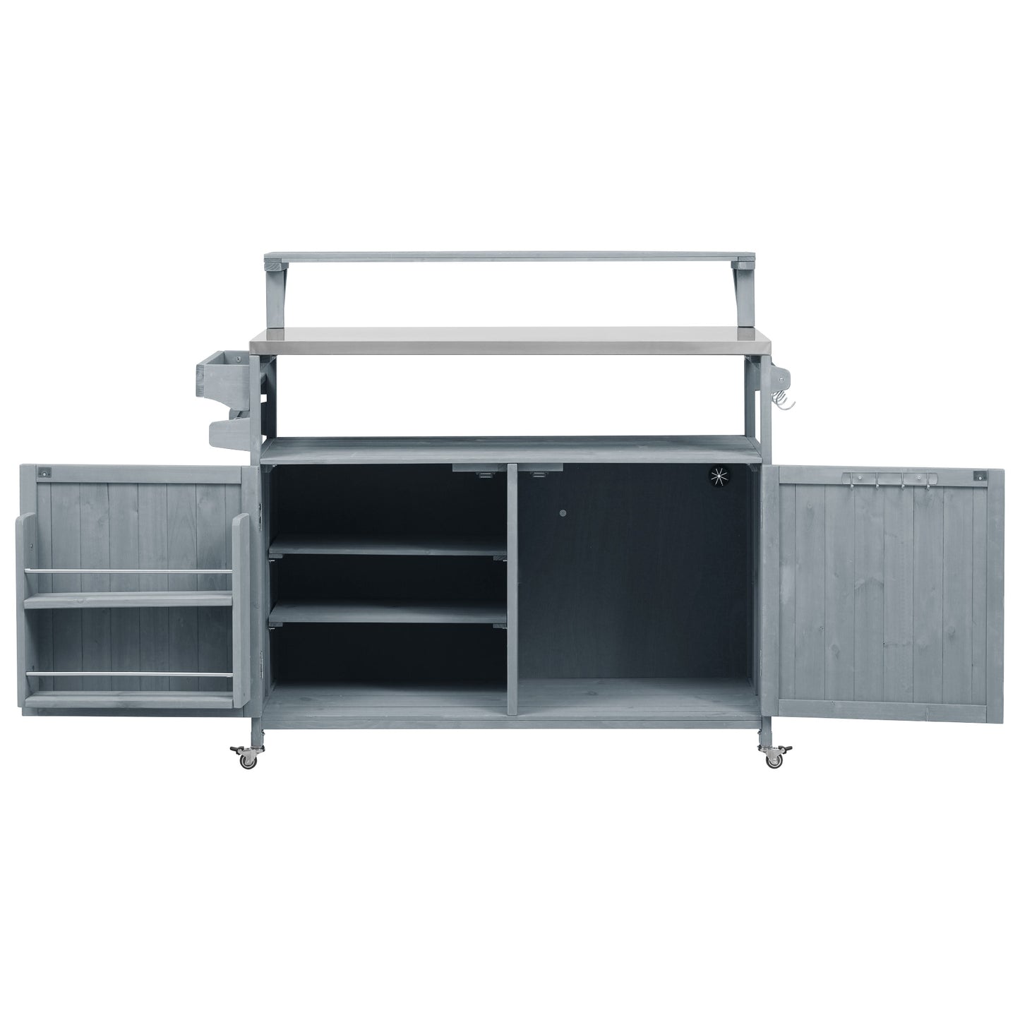 VIYET 43" K&K Outdoor Kitchen Island, Grey-Blue Solid Wood Grill Cart w/ Stainless Steel Top (Raised Shelf+Adjustable Storage Rack)
