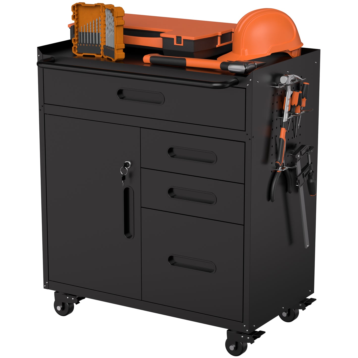 VIYET 34" 4-Drawer Mobile Tool Cabinet - Heavy-Duty Steel Garage Organizer with Lockable Storage Compartment & Rolling Workshop Chest, Black
