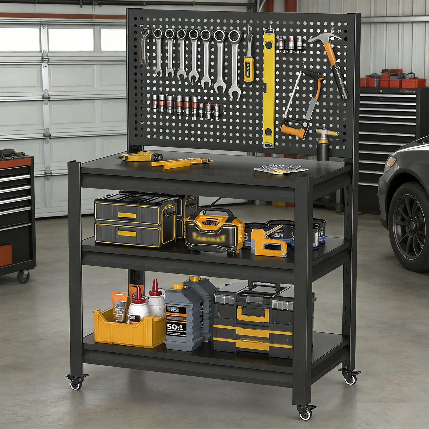 VIYET 18" Heavy-Duty Metal Storage Shelving with Pegboard - 3-Tier Adjustable Garage Rack & Industrial Utility Shelf for Kitchen, Pantry & Garden