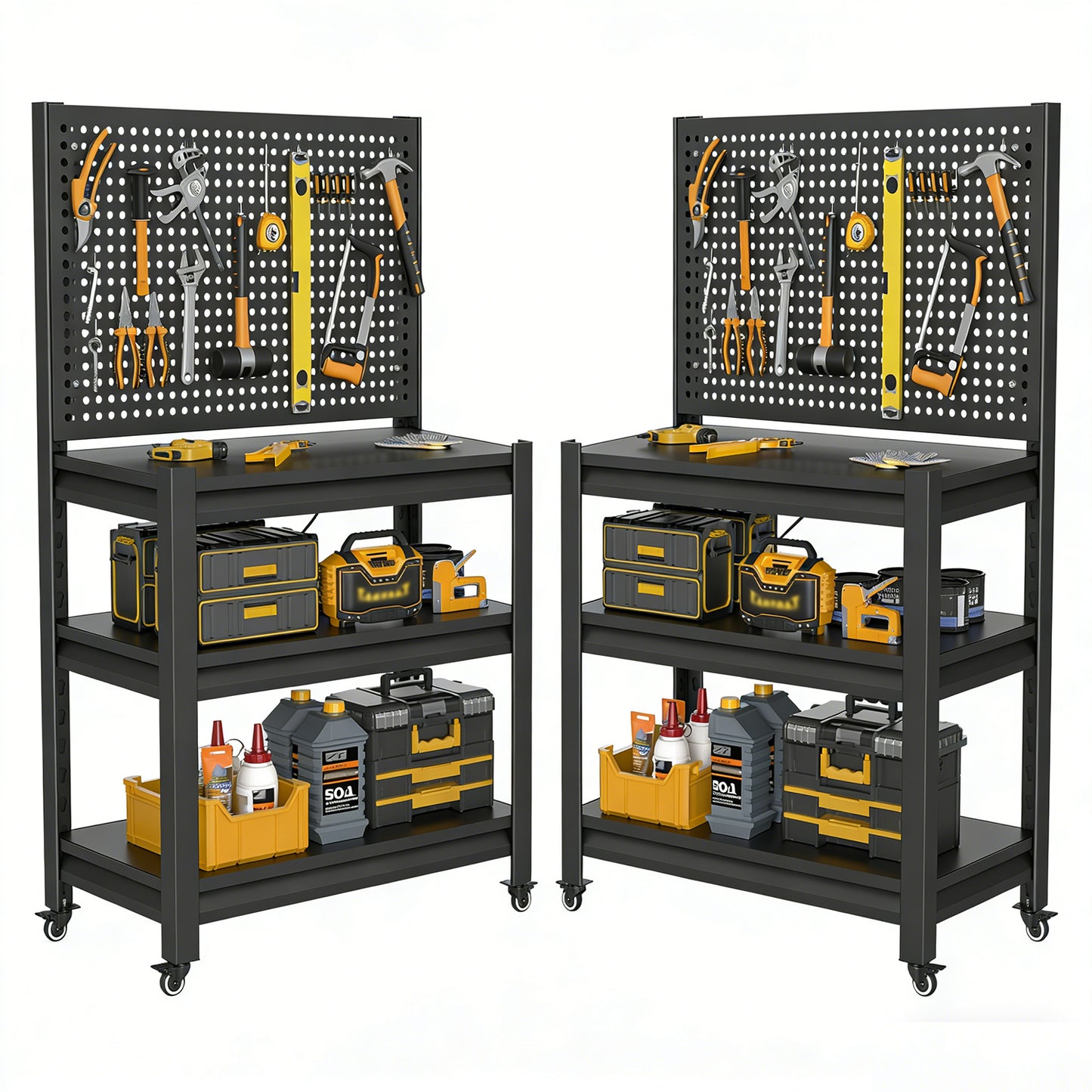 VIYET 18" Heavy-Duty Metal Storage Shelving with Pegboard - 3-Tier Adjustable Garage Rack & Industrial Utility Shelf for Kitchen, Pantry & Garden