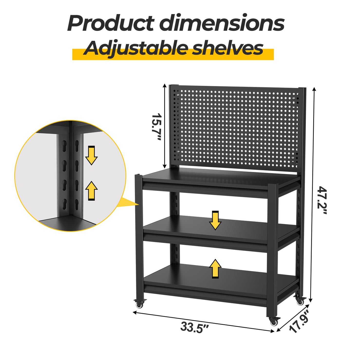 VIYET 18" Heavy-Duty Metal Storage Shelving with Pegboard - 3-Tier Adjustable Garage Rack & Industrial Utility Shelf for Kitchen, Pantry & Garden