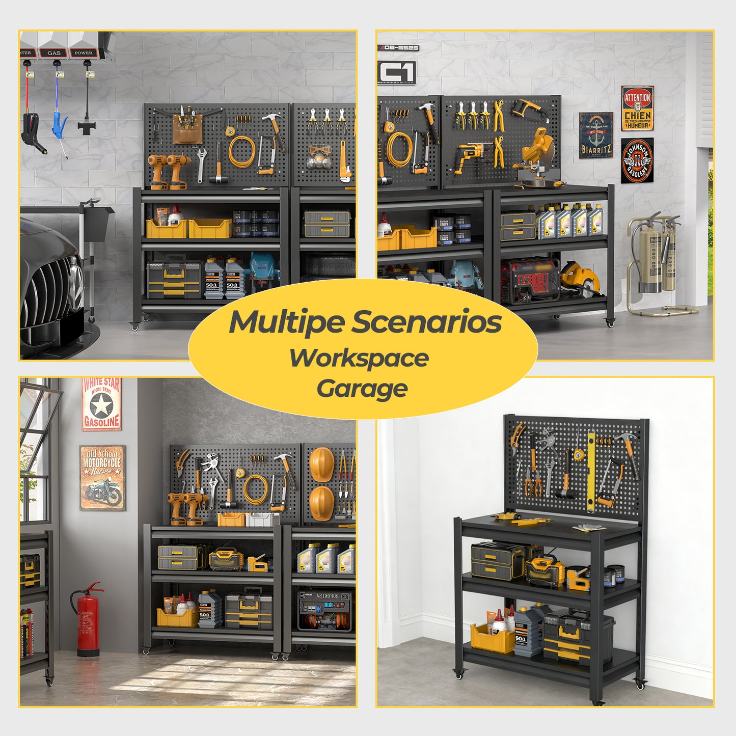 VIYET 18" Heavy-Duty Metal Storage Shelving with Pegboard - 3-Tier Adjustable Garage Rack & Industrial Utility Shelf for Kitchen, Pantry & Garden