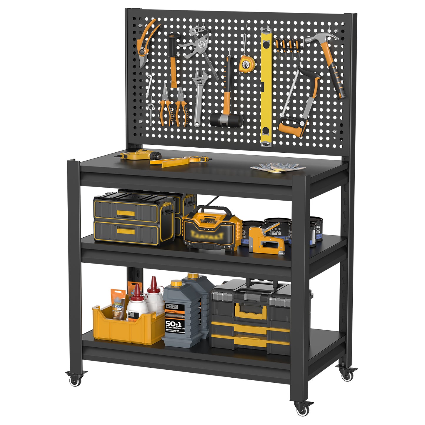 VIYET 18" Heavy-Duty Metal Storage Shelving with Pegboard - 3-Tier Adjustable Garage Rack & Industrial Utility Shelf for Kitchen, Pantry & Garden