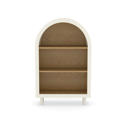 VIYET 3-Tier Arched Top Small Bookcase, White & Oak Woodgrain Modern Storage Cabinet, Engineered Wood Open Shelf for Living Room Bedroom Entryway