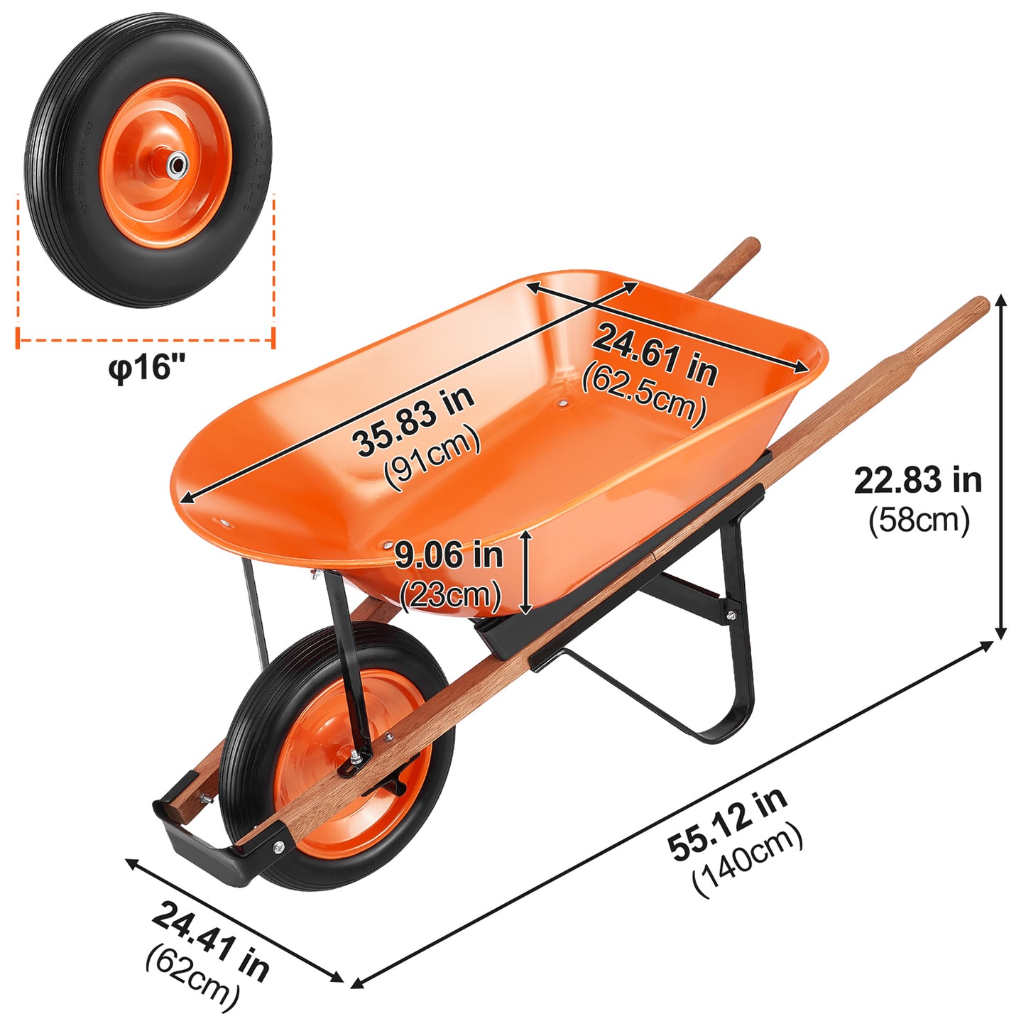 VIYET Wheelbarrow Cart 5 Cu. Ft. 265 Lbs Capacity, Heavy-Duty Garden Dump Cart with Metal Handle & 16" Wide Track Solid Foam Wheel, Utility Yard Cart for Lawn Farm Garden