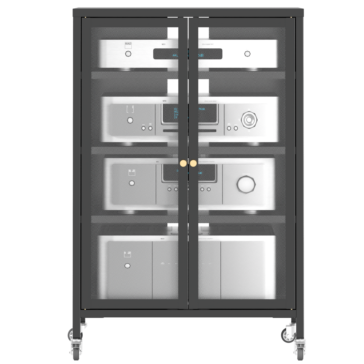 VIYET 36" Media Storage Cabinet with Wheels - 4 Adjustable Glass Shelves & Locking Door, Heavy-Duty Steel AV TV Stand for Living Room, Black