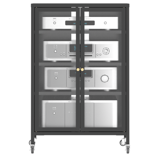 VIYET 36" Media Storage Cabinet with Wheels - 4 Adjustable Glass Shelves & Locking Door, Heavy-Duty Steel AV TV Stand for Living Room, Black