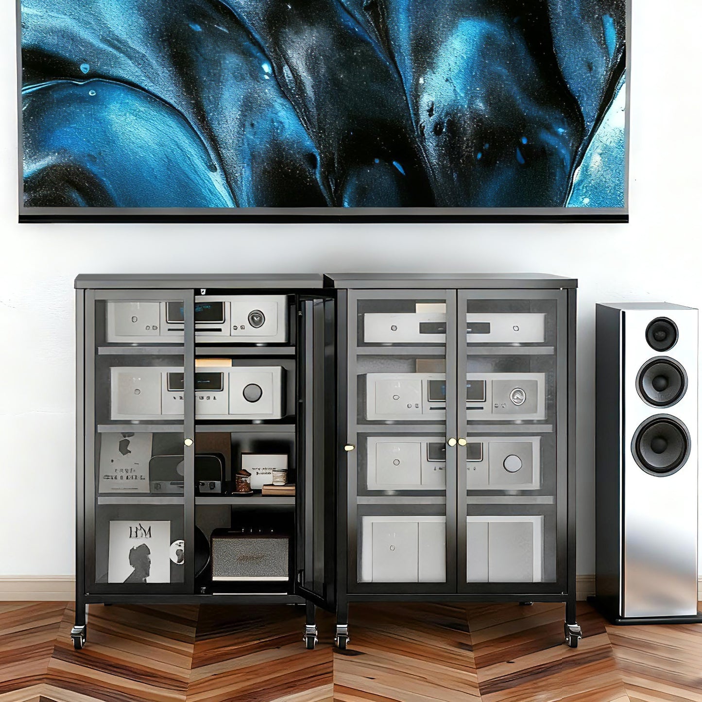 VIYET 36" Media Storage Cabinet with Wheels - 4 Adjustable Glass Shelves & Locking Door, Heavy-Duty Steel AV TV Stand for Living Room, Black