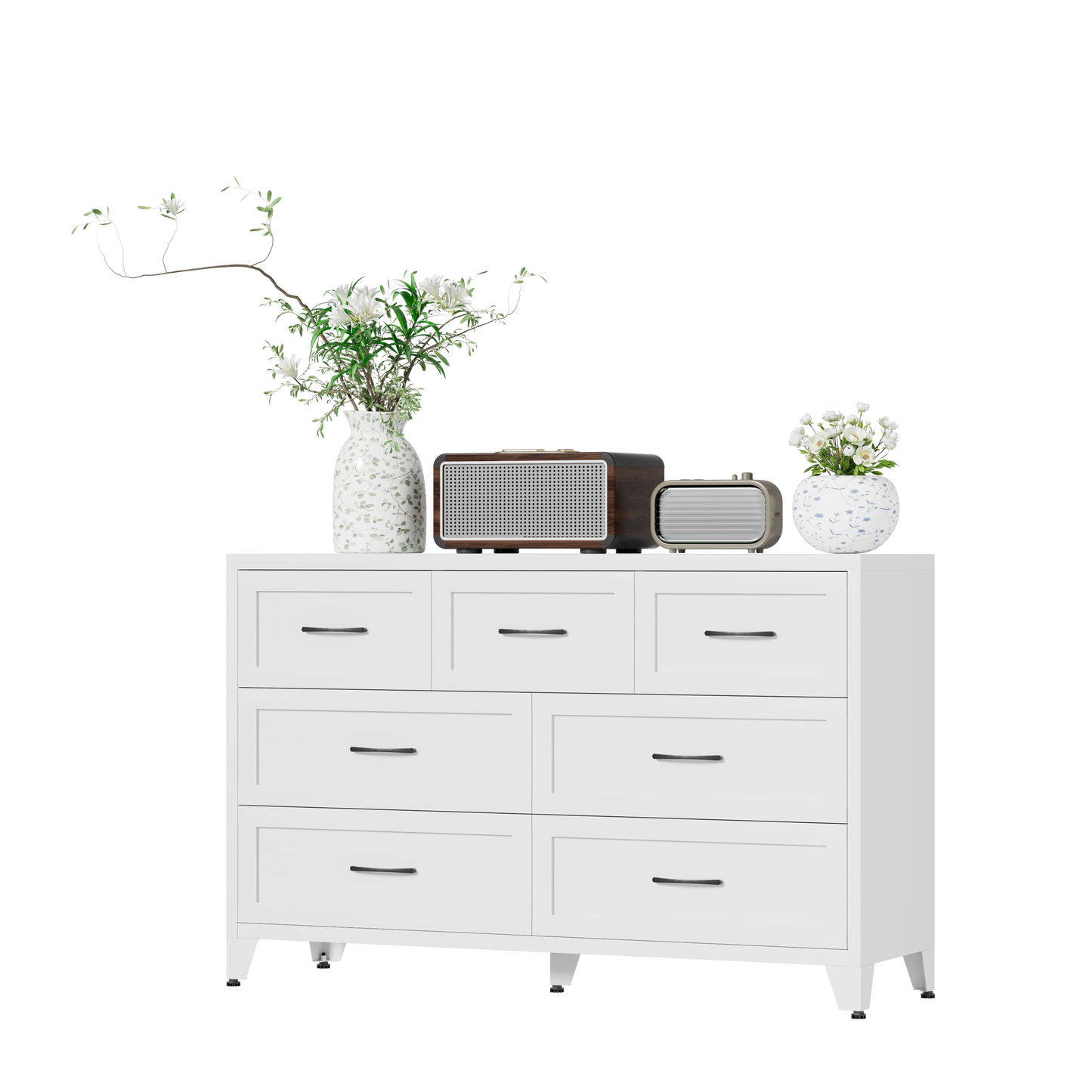 VIYET 7-Drawer White Dresser for Bedroom, Wide Low-Profile Chest of Drawers with Smooth-Glide Storage for Closet & Entryway