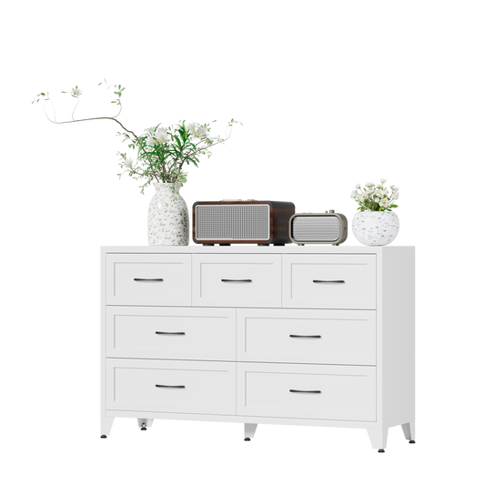 VIYET 7-Drawer White Dresser for Bedroom, Wide Low-Profile Chest of Drawers with Smooth-Glide Storage for Closet & Entryway