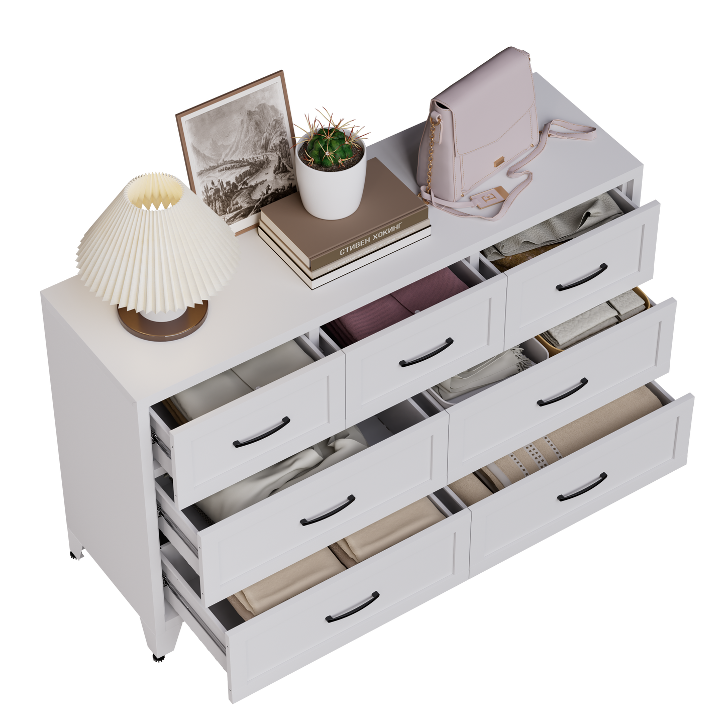 VIYET 7-Drawer White Dresser for Bedroom, Wide Low-Profile Chest of Drawers with Smooth-Glide Storage for Closet & Entryway