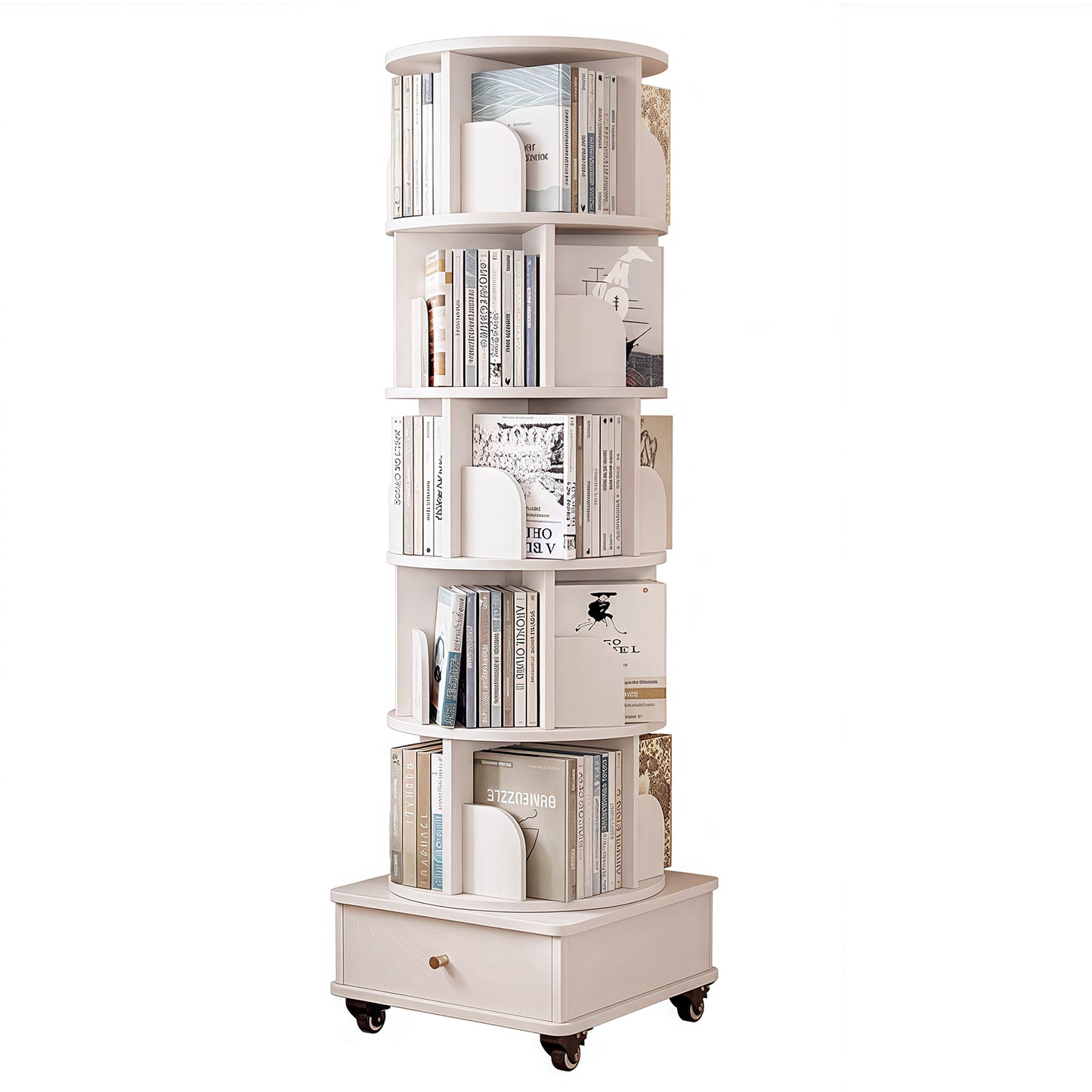 VIYET 68" 6-Tier 360° Rotating Bookshelf, WhiteColor MDF Tower w/ Wheels& Drawer (Space-Saving Storage for Home/Office)