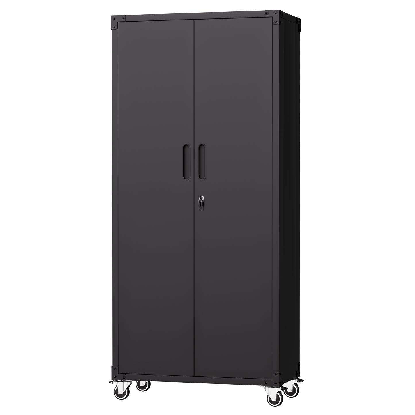 VIYET 71" All-Black Heavy-Duty Metal Garage Storage Cabinet - Locking Hinged Doors, Lockable Casters, Home/Office/School/Garage/Utility Room