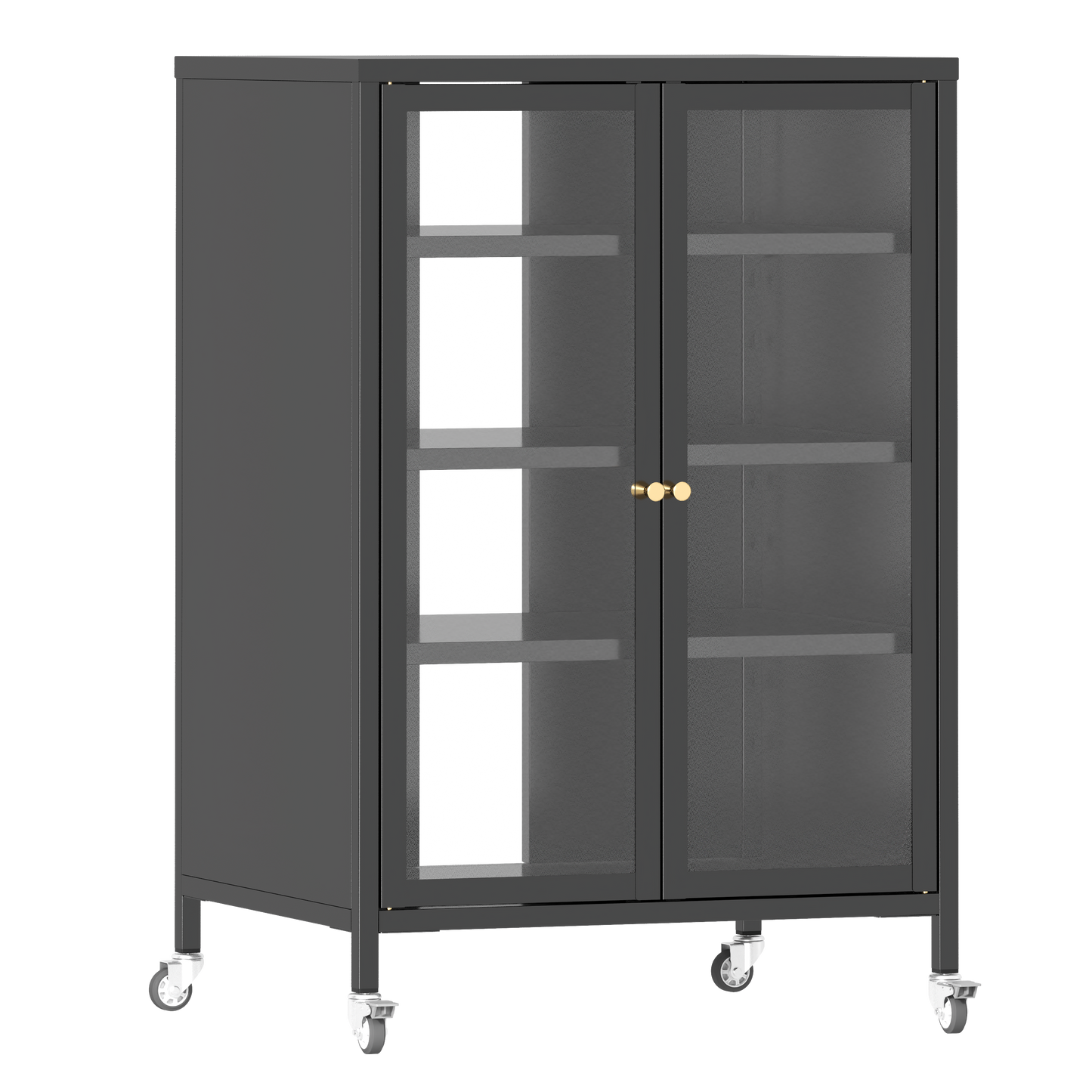 VIYET 36" Media Storage Cabinet with Wheels - 4 Adjustable Glass Shelves & Locking Door, Heavy-Duty Steel AV TV Stand for Living Room, Black