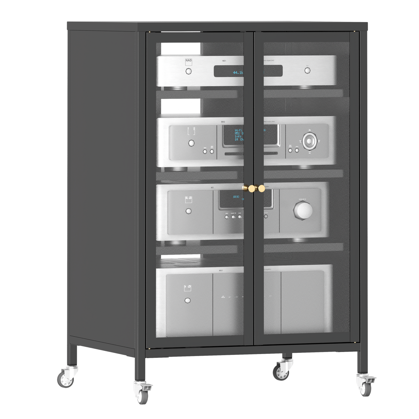 VIYET 36" Media Storage Cabinet with Wheels - 4 Adjustable Glass Shelves & Locking Door, Heavy-Duty Steel AV TV Stand for Living Room, Black