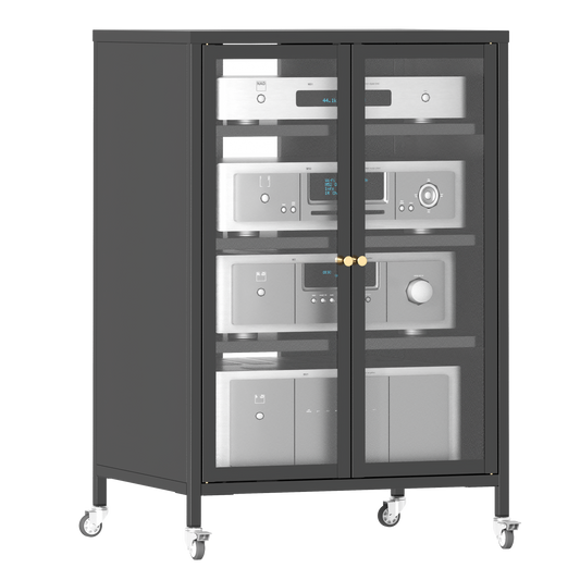 VIYET 36" Rolling TV Stand with Glass Doors, Metal Entertainment Center, Adjustable Shelves & Wheels, Living Room Storage Cabinet