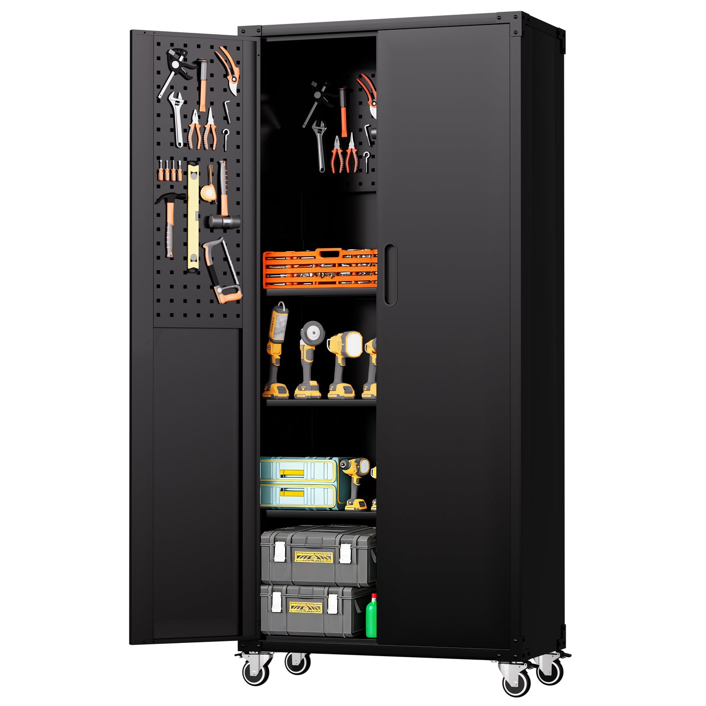VIYET 71" All-Black Heavy-Duty Metal Garage Storage Cabinet - Locking Hinged Doors, Lockable Casters, Home/Office/School/Garage/Utility Room