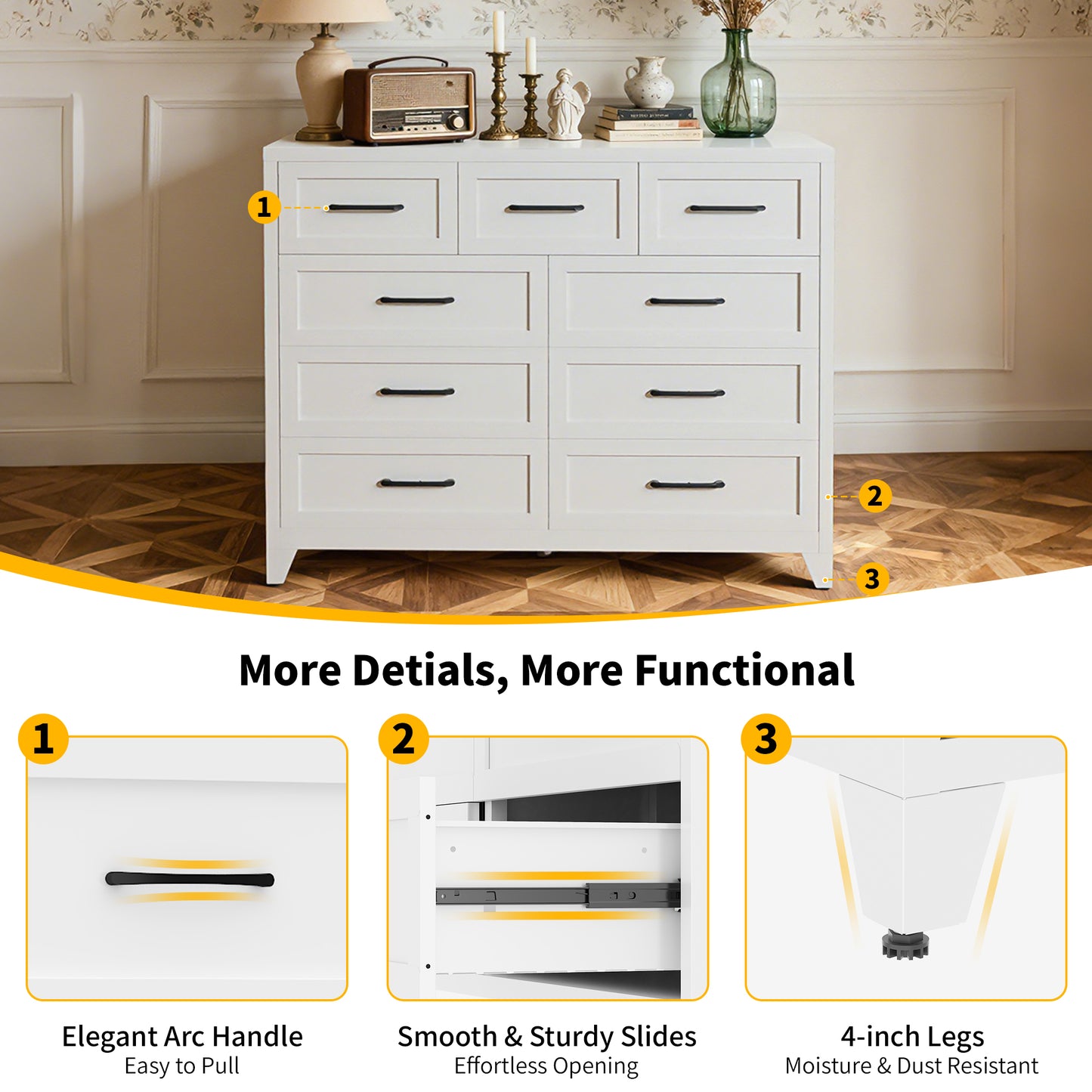VIYET 9-Drawer Storage Dresser, White Chest of Drawers with Smooth-Glide Drawers for Bedroom, Closet & Entryway
