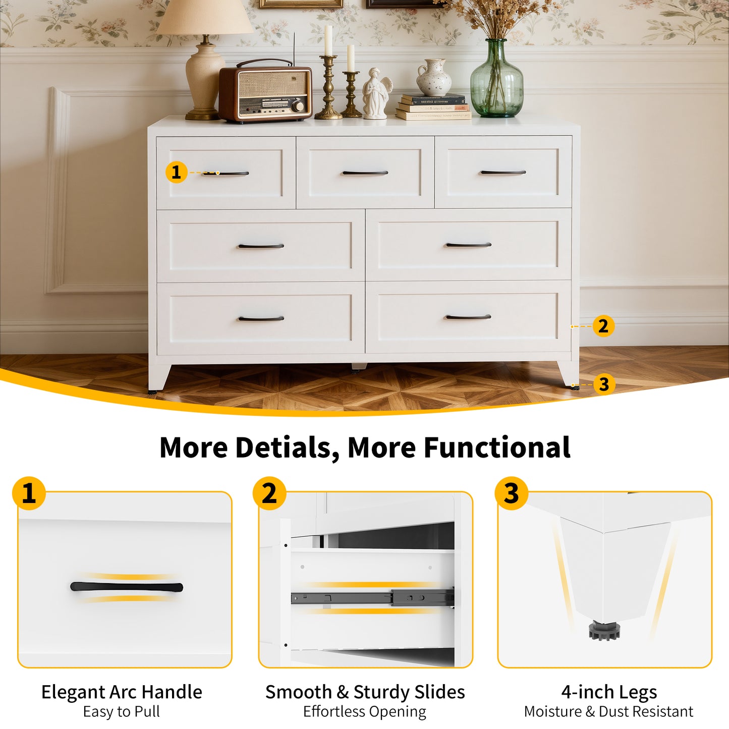 VIYET 7-Drawer White Dresser for Bedroom, Wide Low-Profile Chest of Drawers with Smooth-Glide Storage for Closet & Entryway