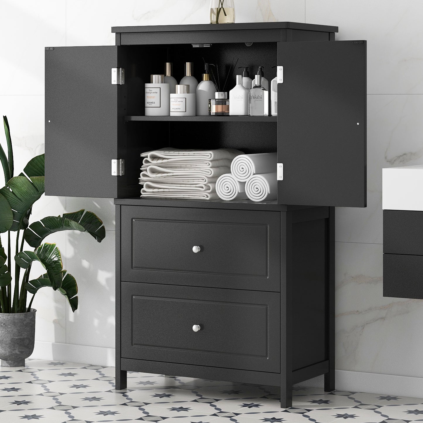 VIYET 43" 2-Door 2-Drawer Storage Cabinet, Black MDF Adjustable-Shelf Organizer, Anti-Tipping Waterproof Multi-Scene Cabinet