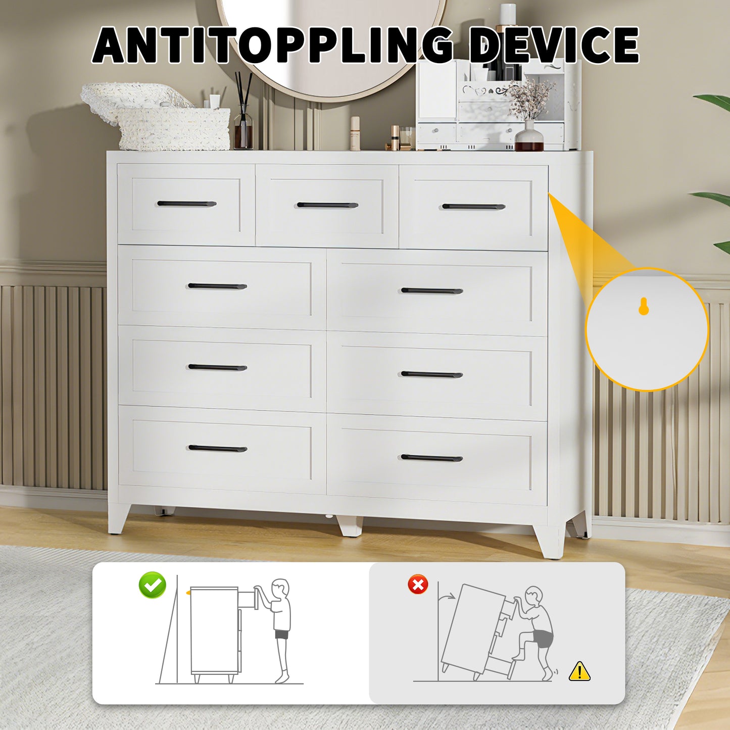 VIYET 9-Drawer Storage Dresser, White Chest of Drawers with Smooth-Glide Drawers for Bedroom, Closet & Entryway