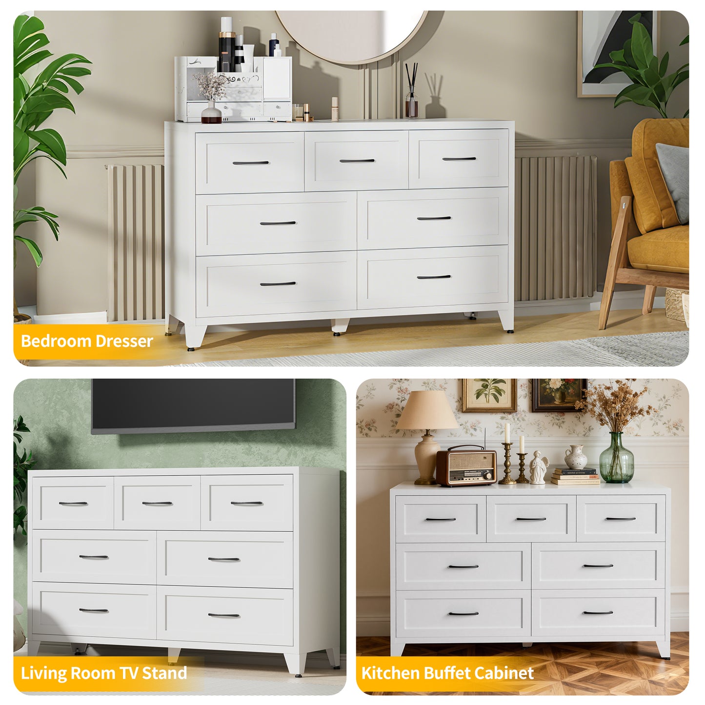 VIYET 7-Drawer White Dresser for Bedroom, Wide Low-Profile Chest of Drawers with Smooth-Glide Storage for Closet & Entryway