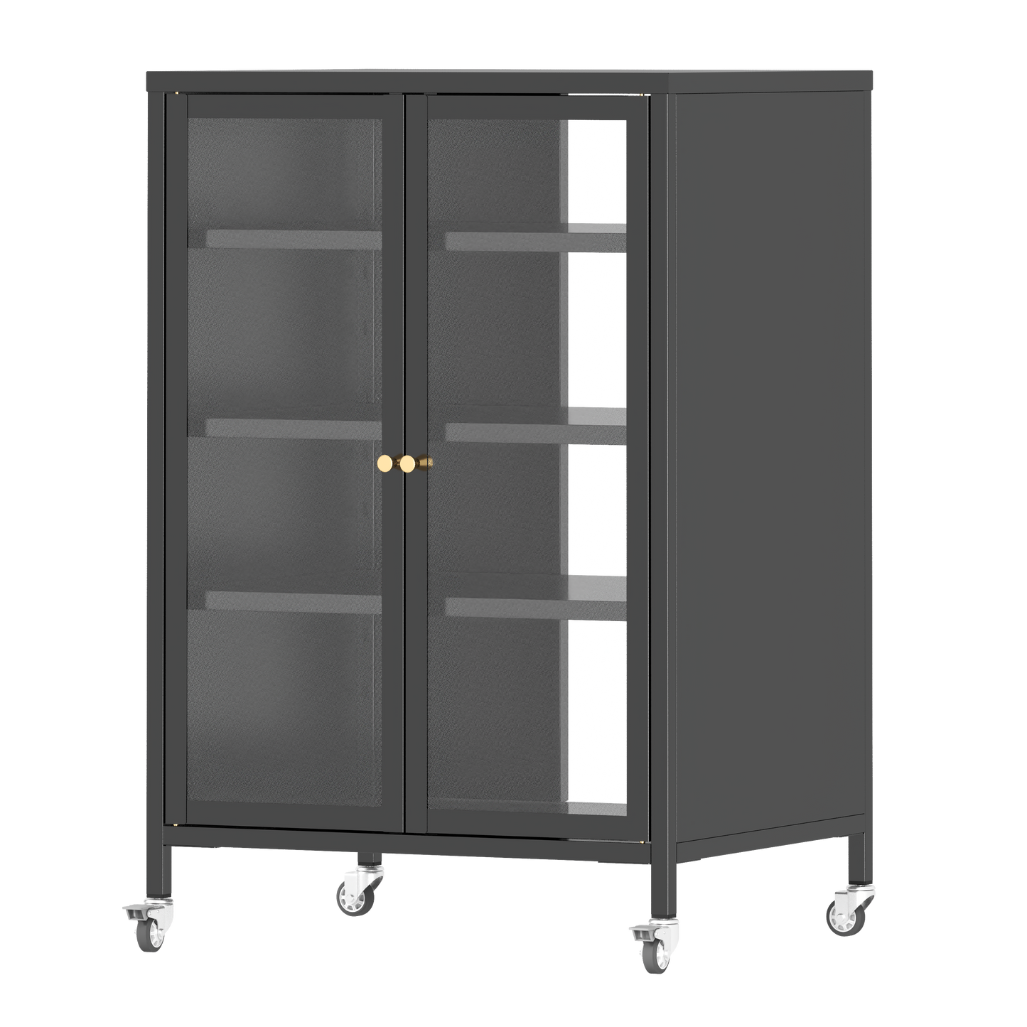 VIYET 36" Media Storage Cabinet with Wheels - 4 Adjustable Glass Shelves & Locking Door, Heavy-Duty Steel AV TV Stand for Living Room, Black