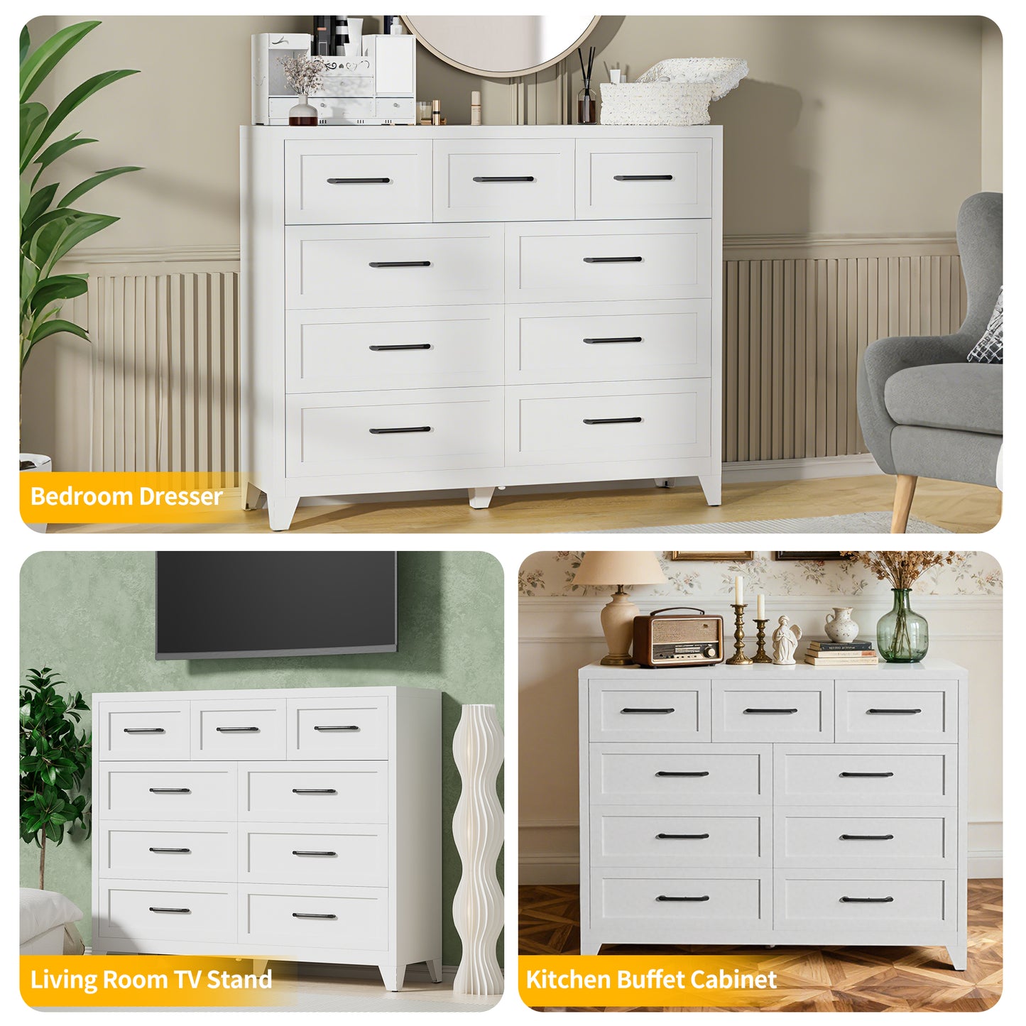 VIYET 9-Drawer Storage Dresser, White Chest of Drawers with Smooth-Glide Drawers for Bedroom, Closet & Entryway